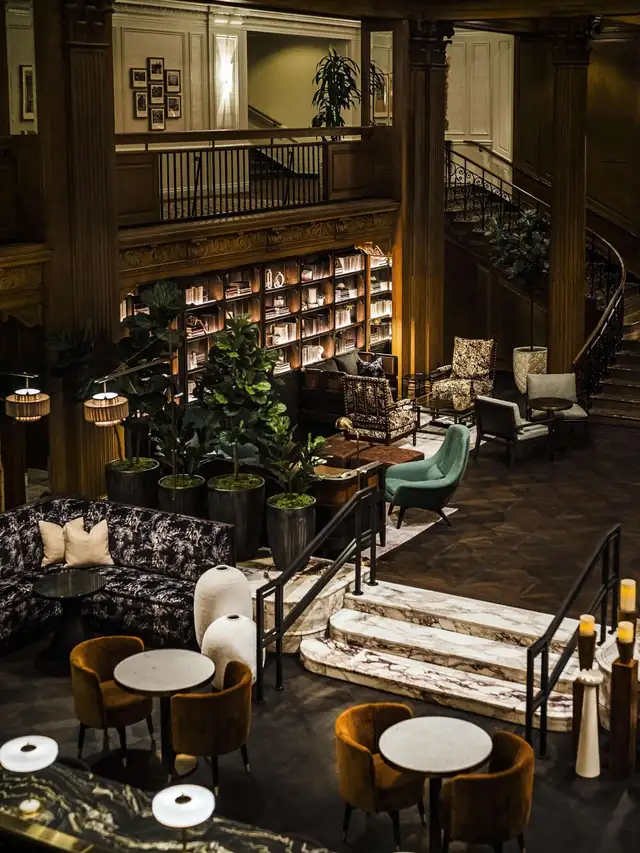 Fairmont Olympic in Seattle, spacious lobby with a grand staircase