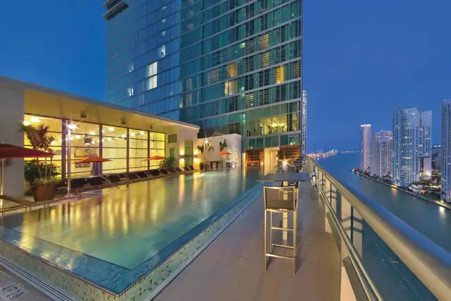 JW Marriott Marquis in Miami, elevated pool with a view of the skyline