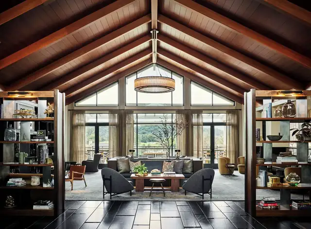 Rosewood Sand Hill in Palo Alto, lounge with a high ceiling and large windows