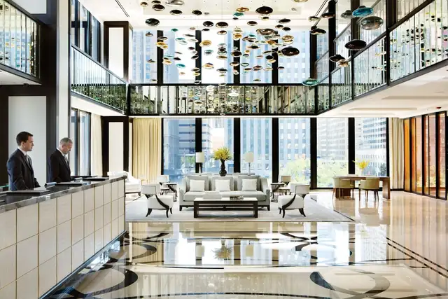 The Langham Chicago in Chicago, modern lobby with a reception desk and sitting area