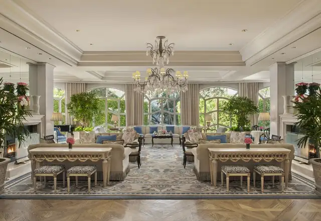The Peninsula Beverly Hills in Los Angeles, spacious lobby with a large crystal chandelier