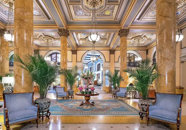 The Willard InterContinental in Washington DC, grand lobby with marble columns and chandeliers