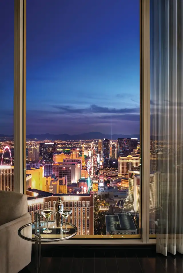 Trump International in Las Vegas, nighttime city view from high above